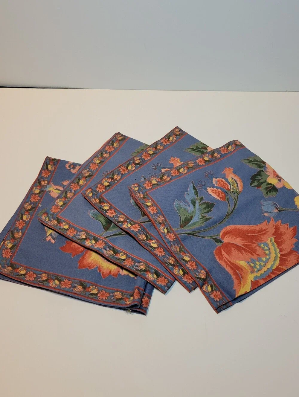 Vintage April Cornell Cotton Dinner Napkin (NWOT) Set of 4 Floral (Blue)